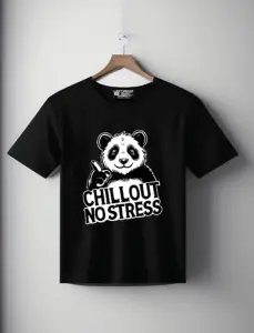 Chill Panda T-shirt with relaxed panda pointing one finger, no stress vibe graphic tee